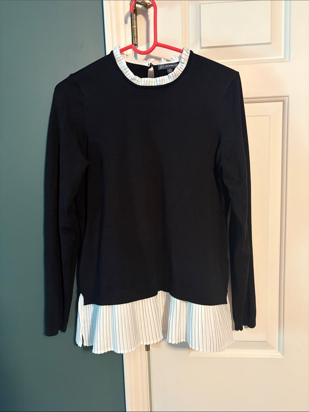 Adrianna Papell Black Knit Top with White Pleated Trim